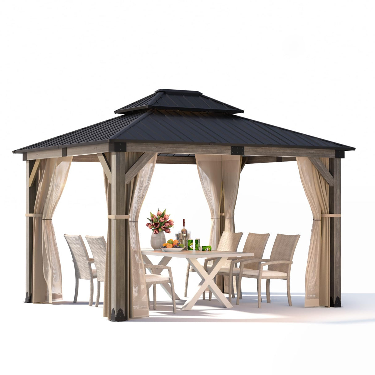 SUNBURY 10'x12' Outdoor Cedar Wood Gazebo, 2-Tier Metal Hardtop Wooden Frame Gazebo for Patio with Privacy Curtains and Mosquito Nettings for Gardens, Lawns, Backyard, Poolside (Grey Frame) SUNBURY