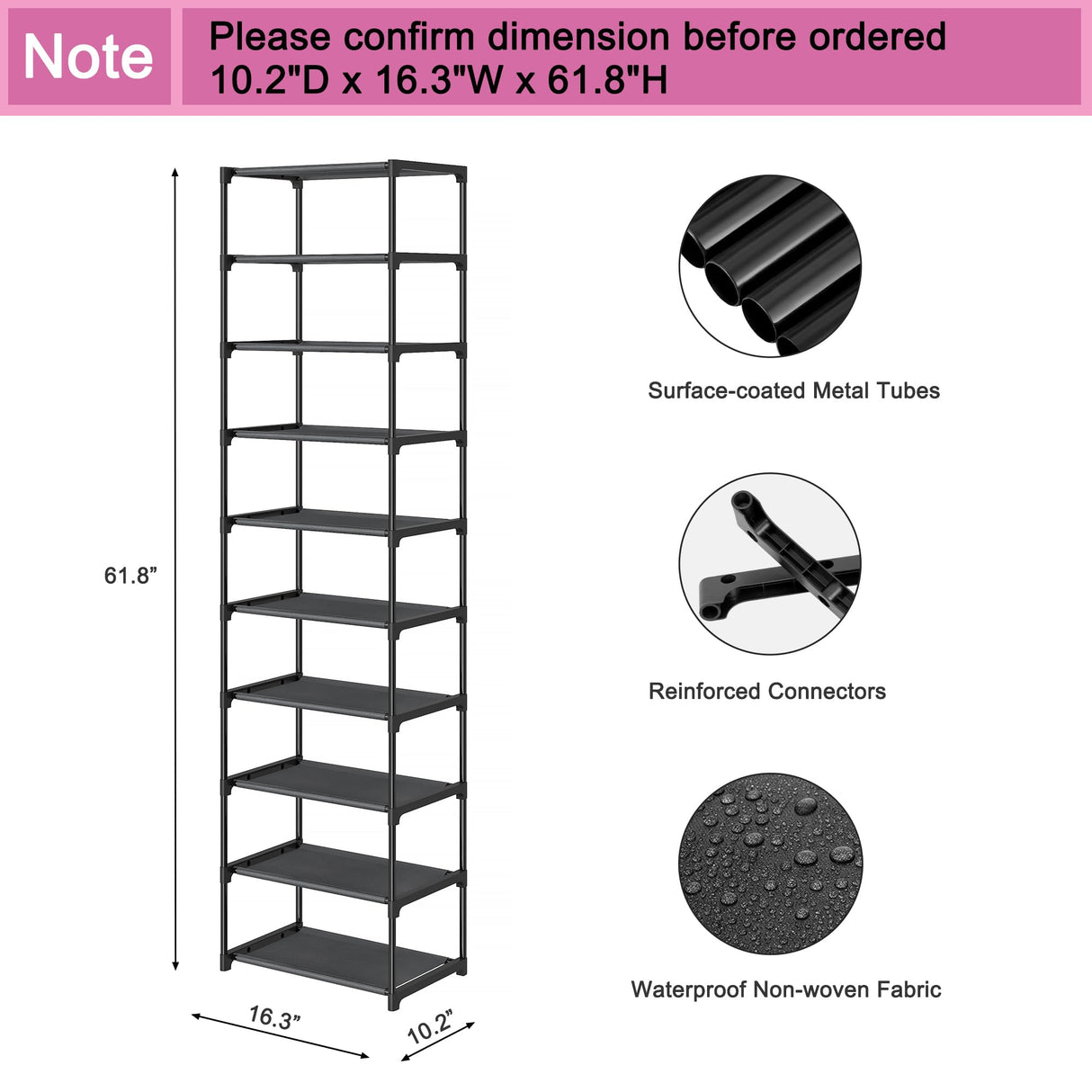 Autonomier 10 Tier Tall Shoe Rack, Non-Woven Fabrics Compact Narrow Shoe Stand Shelf, Vertical Small Space Saving Storage Organizer for Closet Floor, Front Door Entrance, Entryway, Black Autonomier