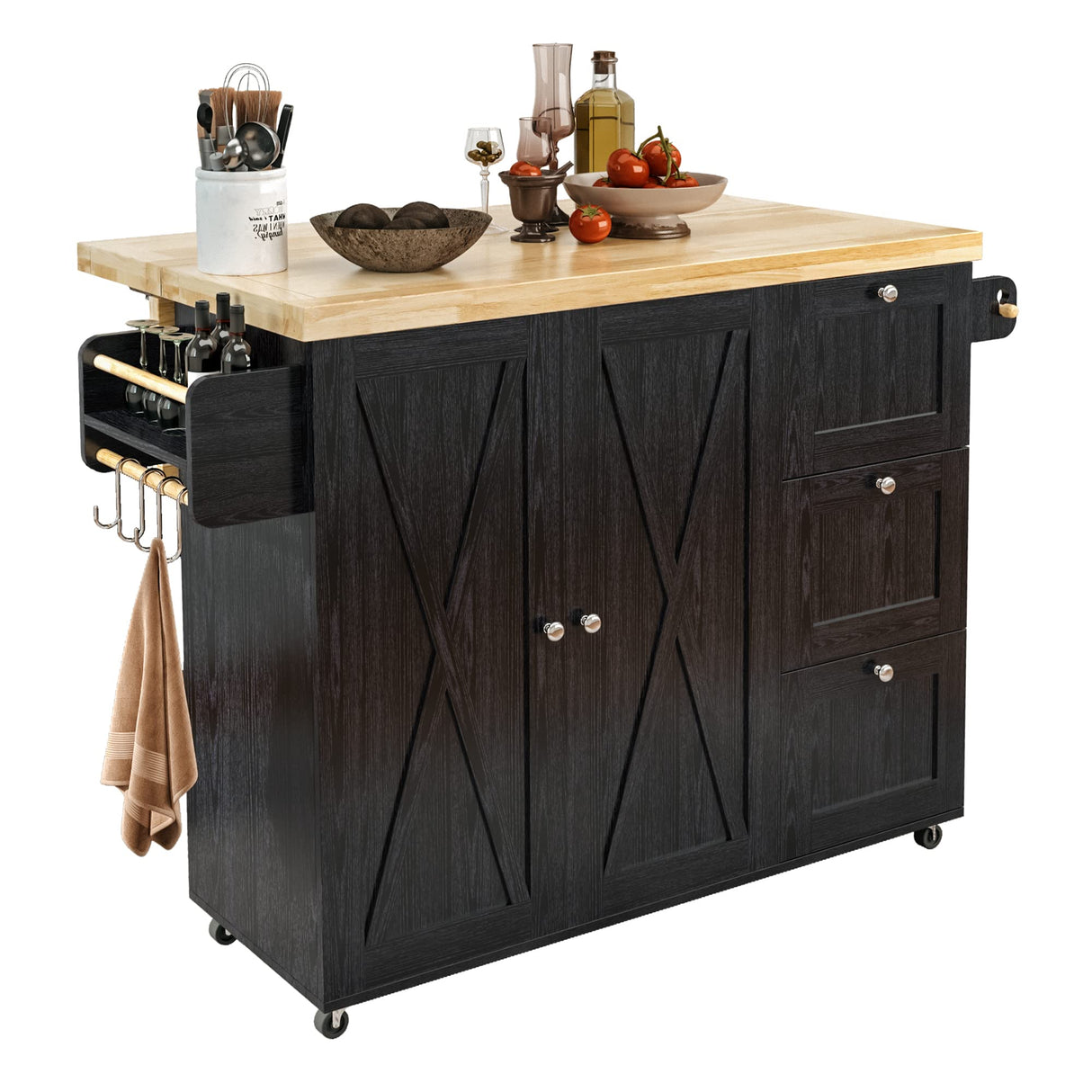 IRONCK Rolling Kitchen Island Cart with Drop-Leaf Countertop, Barn 3Drawers, Barn Door Style Cabine,Thicker Rubberwood Top, Spice Rack, on Wheels, for Kitchen and Dining Room, Black IRONCK