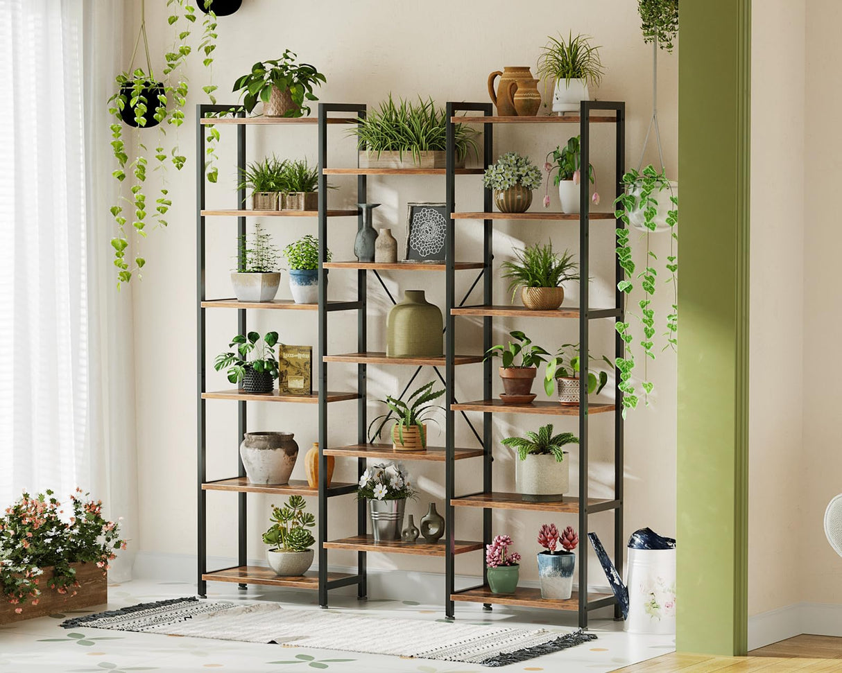 Casaottima Triple 6 Tier Bookshelf, Large Bookcase with 17 Open Display Shelves, Modern Industrial Book Shelves Book Case for Bedroom, Wide Standing Shelving Unit for Living Room Home Office, Vintage Casaottima