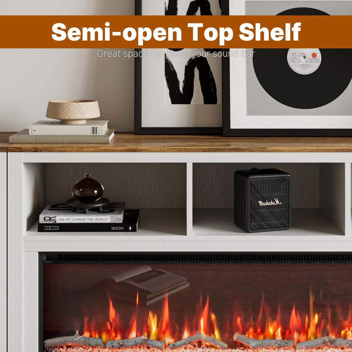 BVIUNTWO Fireplace TV Stand for TVs Up to 110 Inch,Farmhouse Entertainment Center with 60" Electric Fireplace,White TV Console with Storage Cabinets for Living Room,Bedroom BVIUNTWO