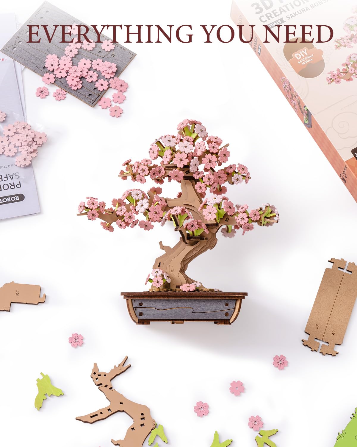 ROBOTIME Sakura Bonsai 3D Puzzles Wooden Artificial Cherry Blossom Tree DIY Model Building Kit for Home Decoration and Office Art Creative Gifts ROBOTIME