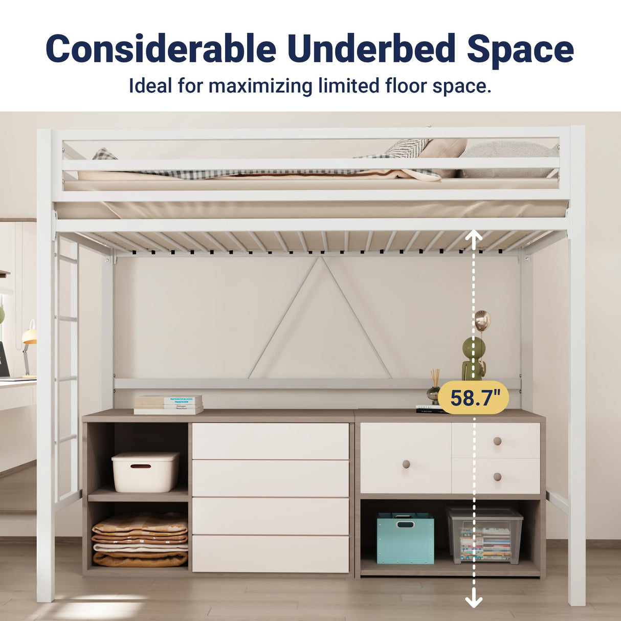 Allewie Metal Loft Bed Twin Size with Guardrail and Ladder, Small Space Saving Design for Bedroom Kid Room and Dorm, No Box Spring Needed, White Allewie