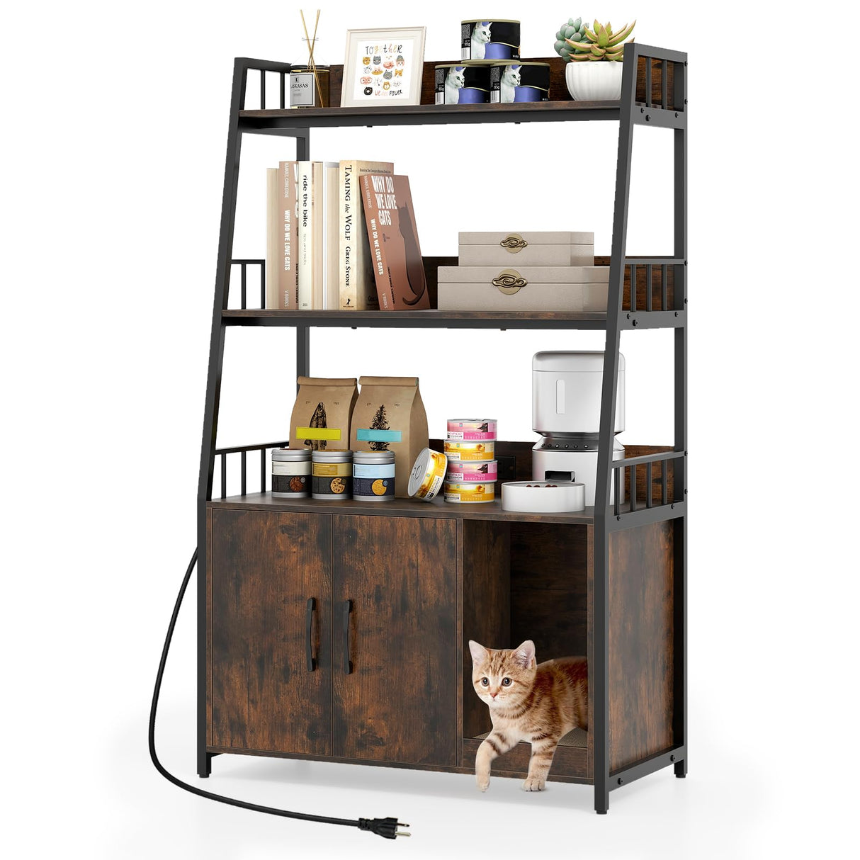 PETSITE Cat Litter Box Enclosure with Storage Shelves, 52 Inches Tall Hidden Litter Box with Charging Station, Scratching Board, and Winding Entry (Rustic Brown) PETSITE