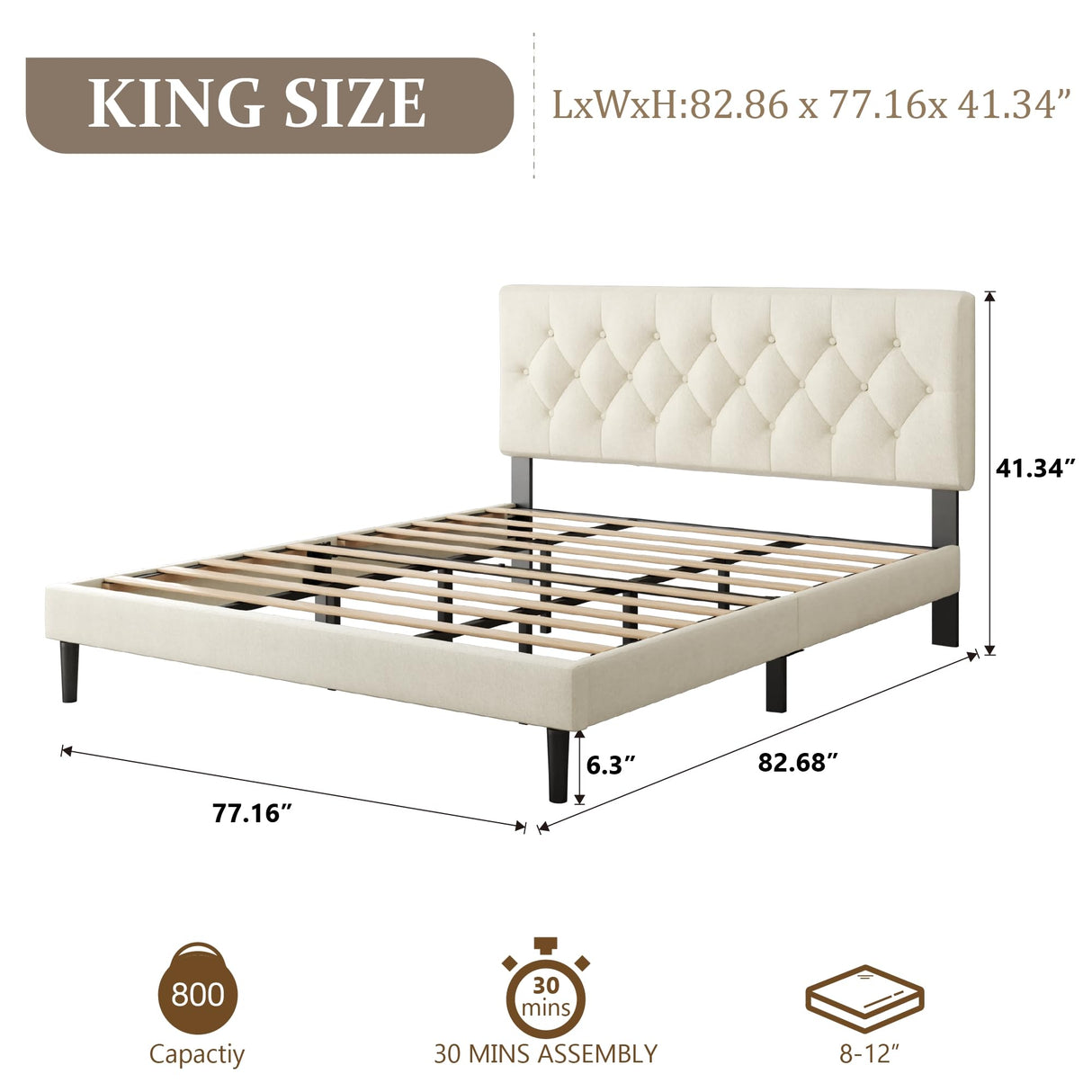 CXVX King Size Bed Frame with Upholstered Headboard, Button Tufted Design, Strong Wooden Slats, No Box Spring Needed, Easy Assembly, Noise Free CXVX