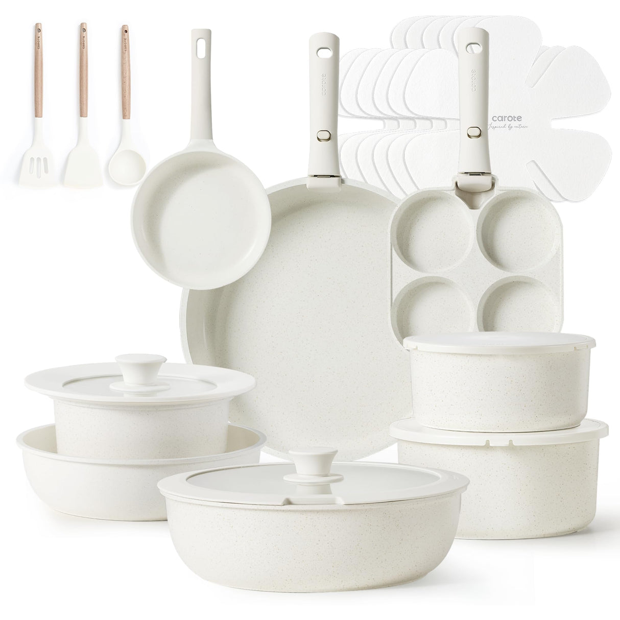 CAROTE 23pcs Pots and Pans Set Non Stick, Cookware Sets, Kitchen Set, Oven/Dishwasher/Fridge Safe, Space Saving Pots Set, Nonstick Set with Versatile Detachable Handle, Induction RV Set, Cream CAROTE