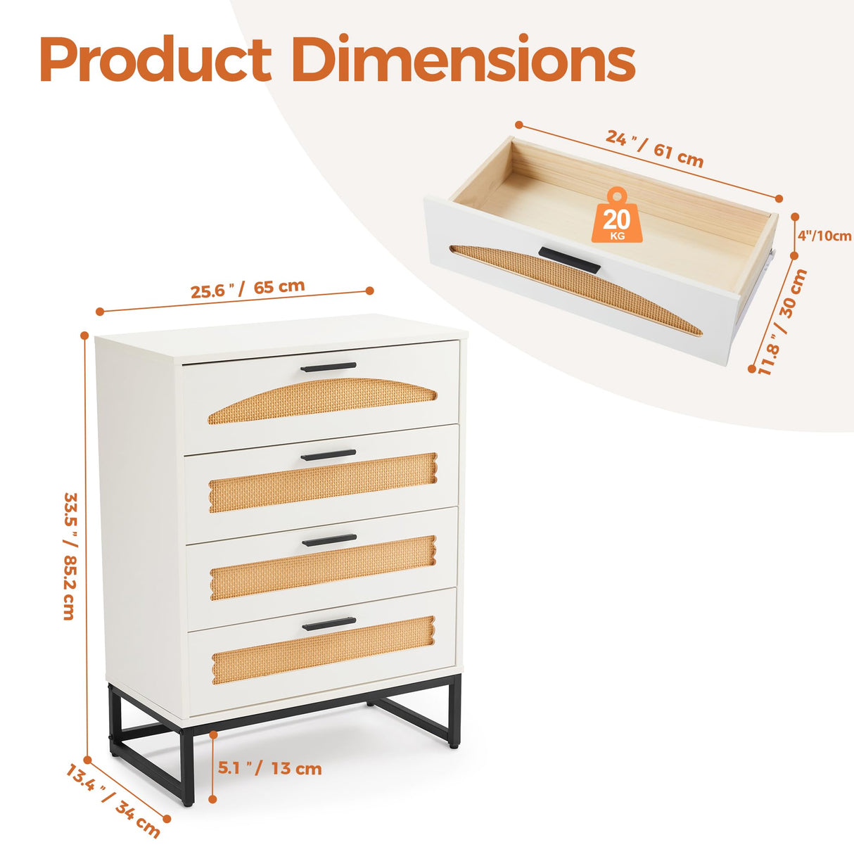 Mericonia 4 Drawer Rattan Dresser for Bedroom, Wood Tall Dresser for Closet with Metal Handles, Boho Nightstand Sets, Dressers & Chests of Drawers for Bedroom, Hallway and Entryway, White Mericonia