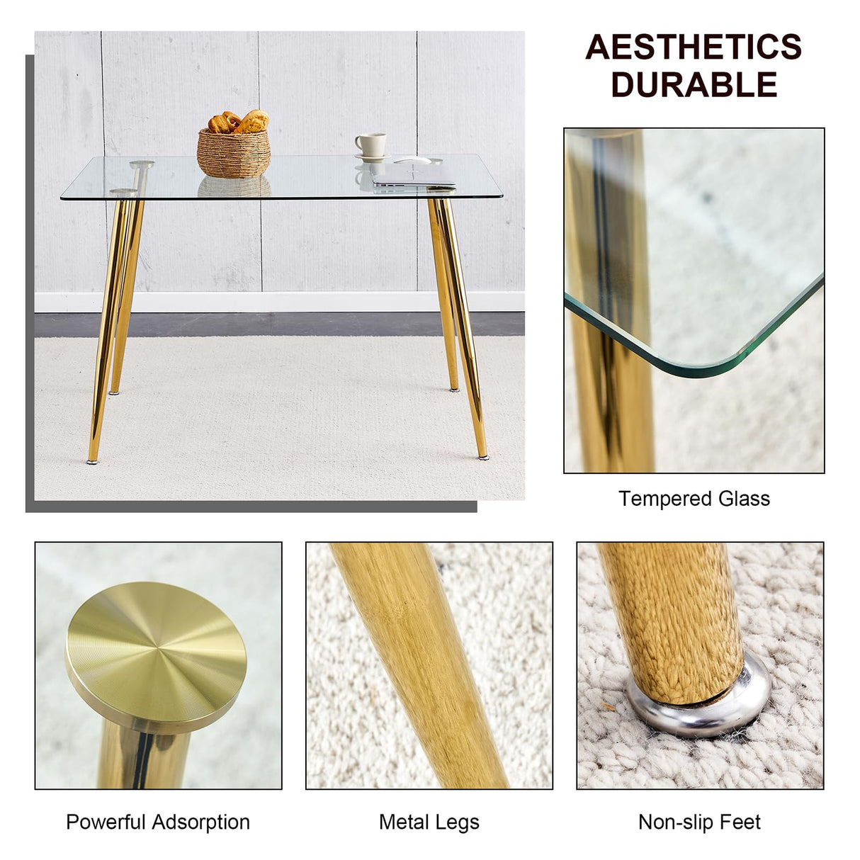 Ebullient Glass Dining Table Set for 4,5 Piece Dining Table and Chairs Set,Modern Kitchen Dining Room Table with 4 White PU Leather Dining Chairs,0.31” Tempered Glass Table Top with Gold Metal Legs Ebullient