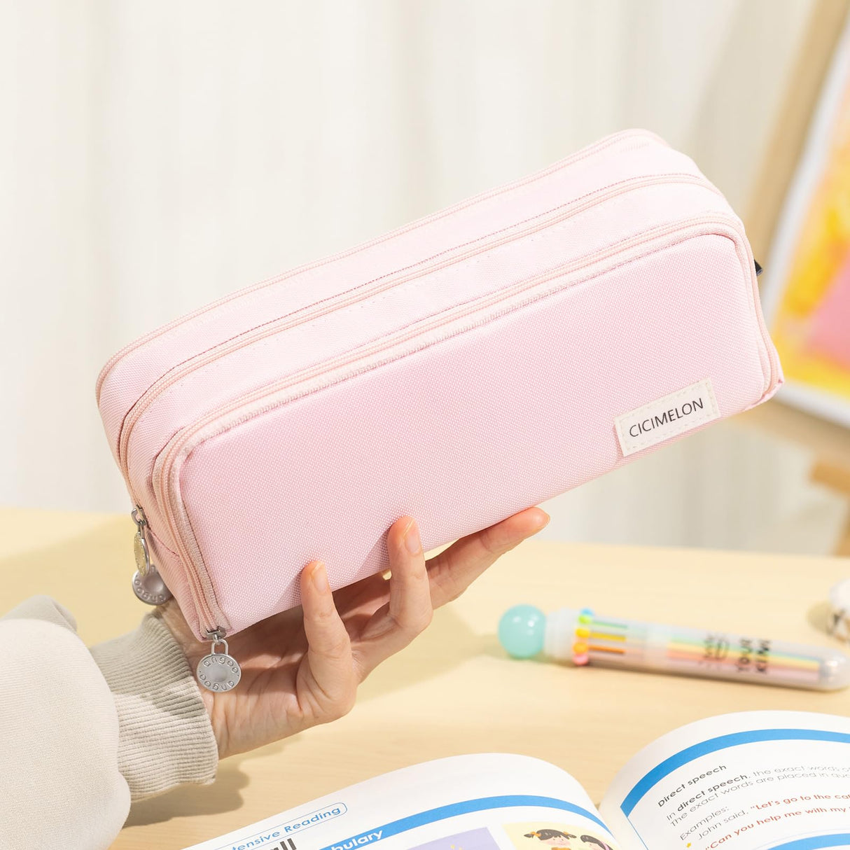 CICIMELON Large Capacity Pencil Case 3 Compartment Pouch Pen Bag for School Teen Girl Boy Men Women (Pink) CICIMELON