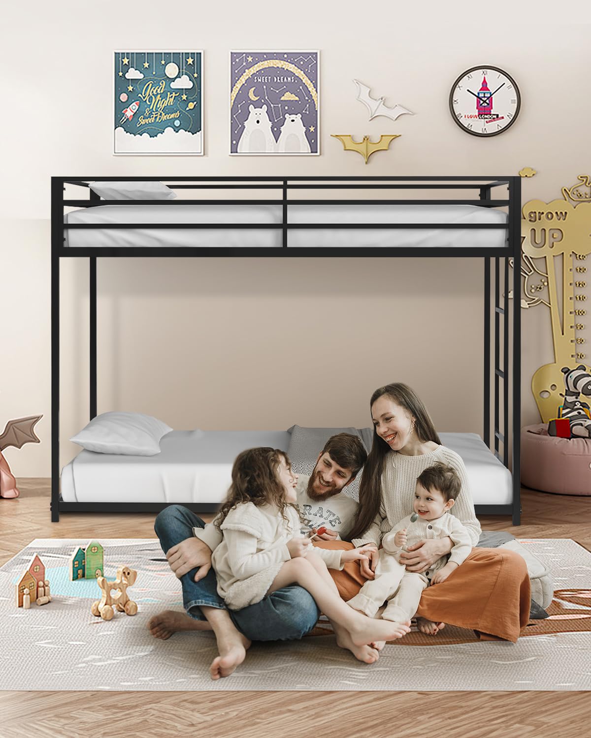 Twin Over Twin Bunk Bed - LifeSky Metal Low Profile Bunkbed with Side Ladder Black LIFE SKY