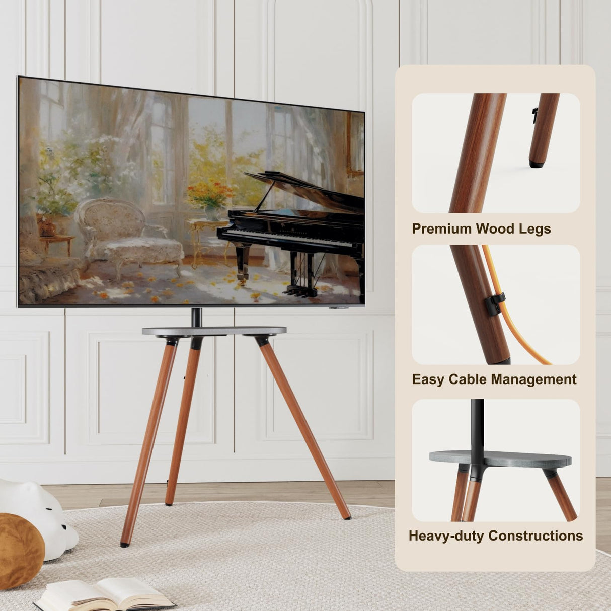 ECOTINY Tripod Easel TV Stand for 40 to 65 Inch LCD LED OLED Screen, Height Adjustable and Swievel TV Stand, Portable Corner TV Floor Stand with Wooden Tray, VESA 400x400mm, Minimalist Black Walnut ECOTINY