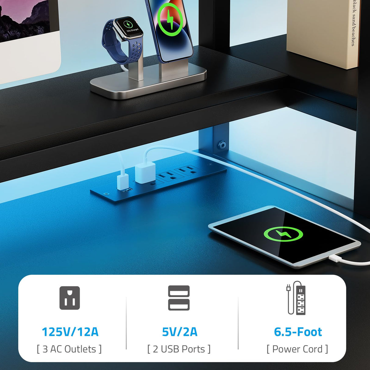 GreenForest Computer Desk with Drawers and Monitor Stand, Home Office Desk with Storage Shelves, Small Gaming Desk with Power Outlets and LED Lights for Study Writing Working, 51 inch Black GreenForest