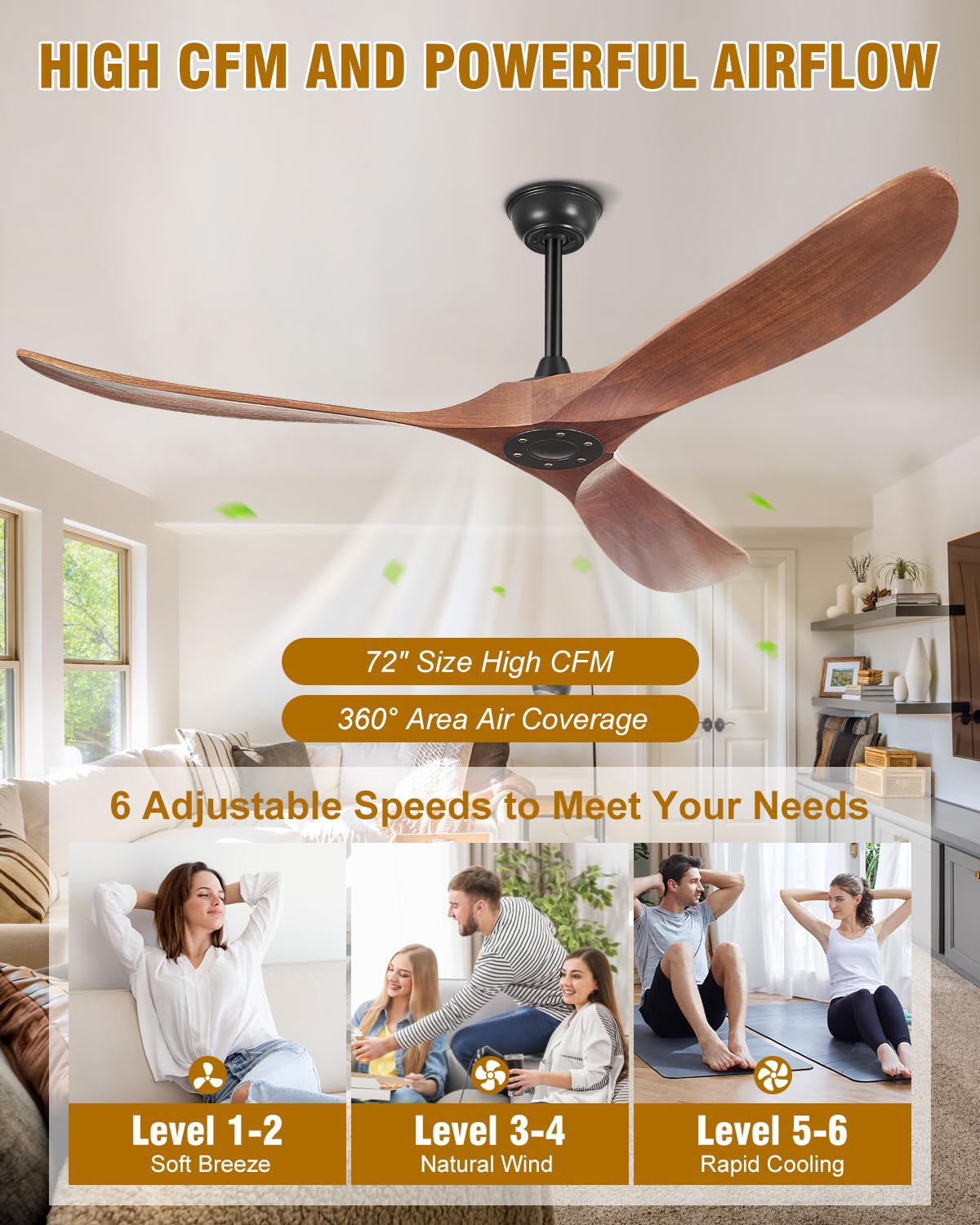 Ceiling Fans without Lights 72 Inch Large Ceiling Fan, Solid Wood Ceiling Fan No Light and Remote, 3 Blade, 6 Speeds, Timer, Quiet DC Motor, High CFM Modern Indoor Outdoor Fans for Patio, Dark Walnut Yahada