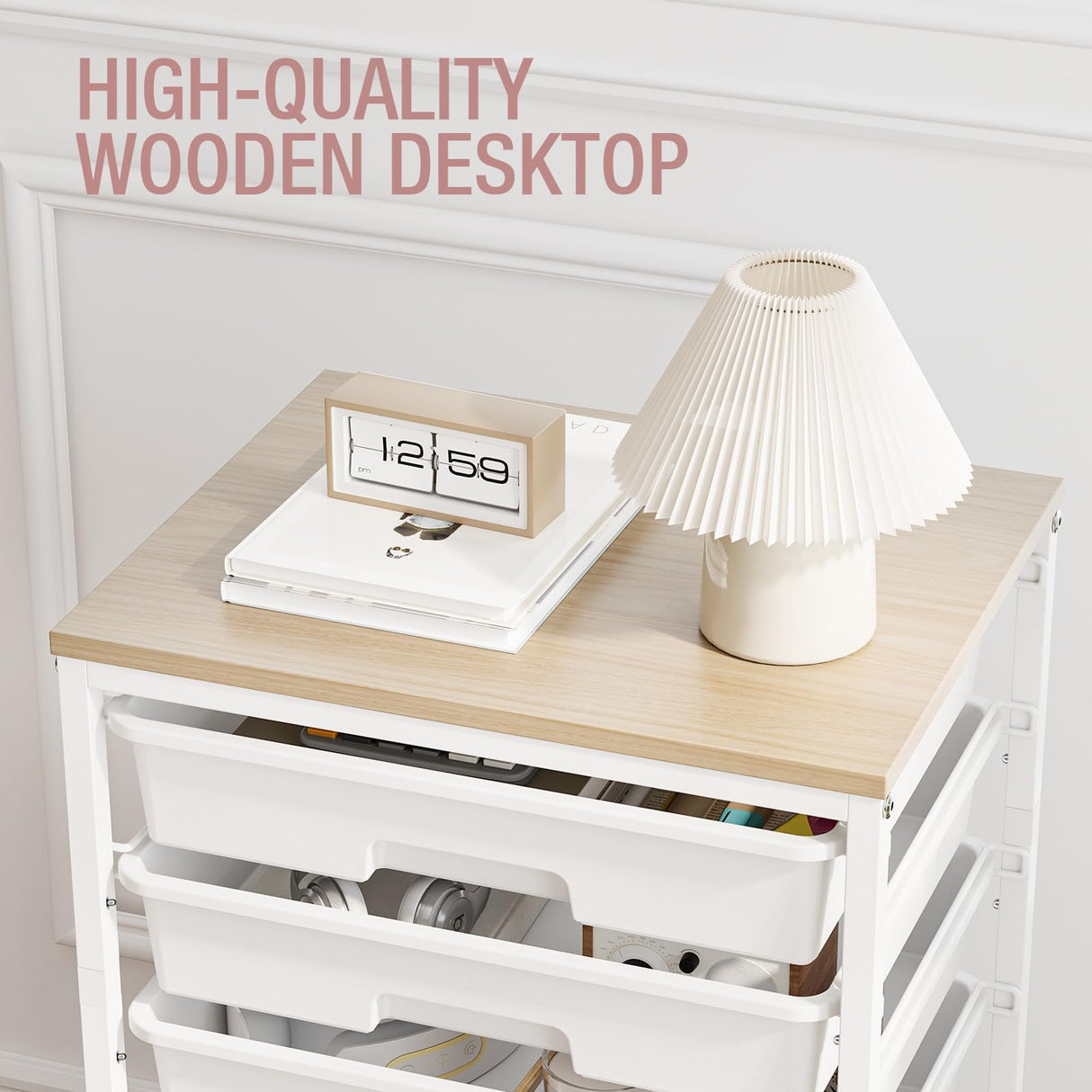 Storage Cart with 8 Drawers, Utility Cart with White Drawers and Wooden Tabletop, Craft Cart, Teacher Organization for Classroom,White TOOLF