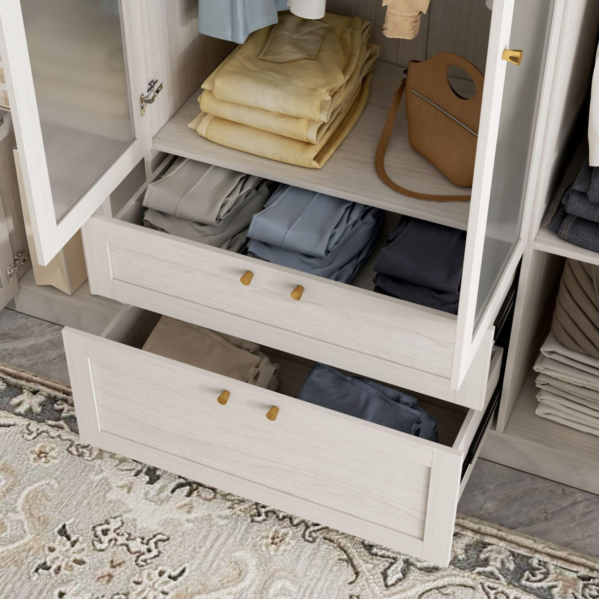 TAMUNE 4 Door Wardrobe Armoire Closet with Hanging Rods & 2 Drawers, Bedroom Armoire with Frosted Glass Doors, Top Cabinets & Gold Knobs, Wood Grain, 19.9”D x 63”W x 86.6”H TAMUNE