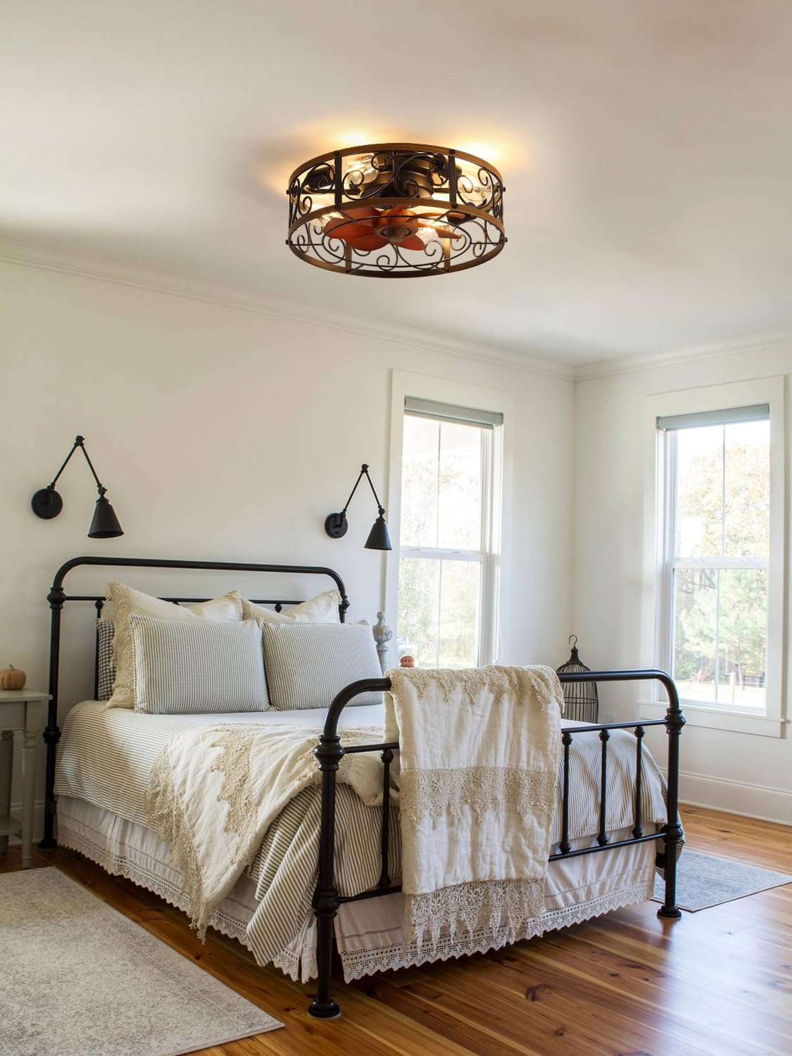 Curve Curio 18 Inch Farmhouse Caged Ceiling Fan with Light, Rustic Style Flush Mount Low Profile Ceiling Fan for Kitchen, Bedroom Curve Curio