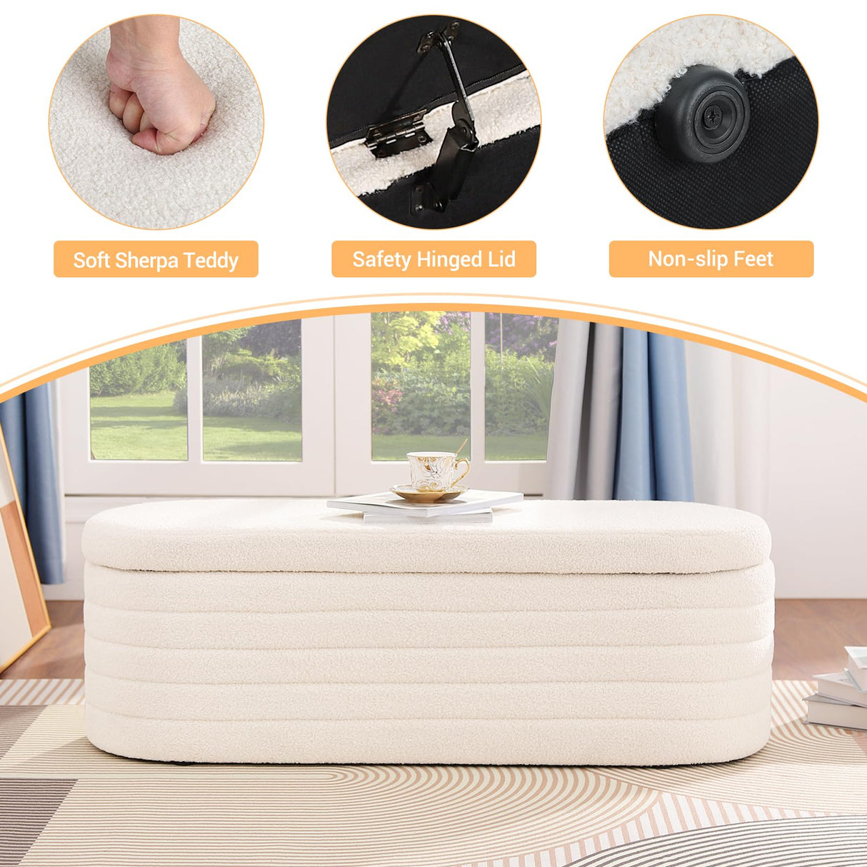 OuchTek Teddy Storage Ottoman Bench Modern Upholstered Storage Bench Sherpa Window Entryway Bench Oval White Ottoman with Storage for Living Room Bedroom Bench End of Bed OuchTek