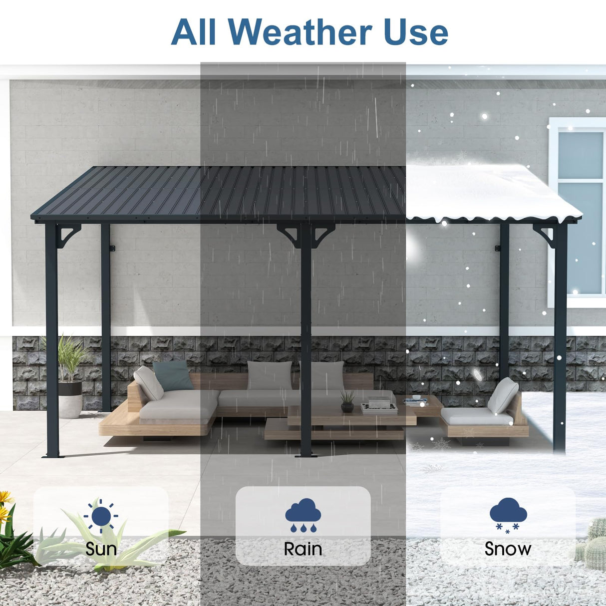 COBANA 10' x 14' Large Gazebo, Hardtop Wall Mounted Lean to Gazebo Pergola with Metal Roof for Patio, Deck, Backyard COBANA
