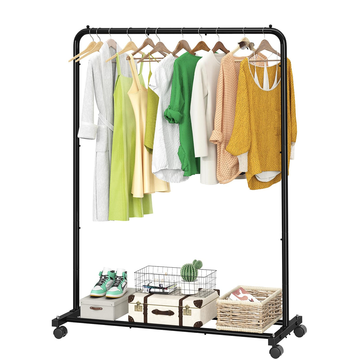 Simple Trending Standard Clothes Clothing Garment Rack with Storage Shelves, Rolling Clothes Organizer on Wheels for Hanging Clothes, Black Simple Trending