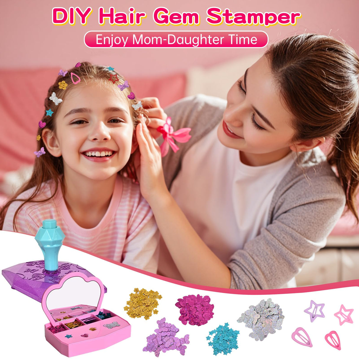 Hair Gem Stamper Kit for Girls, Pluspace Hair Gems for Girls with 600 Hair Glitter Patch, No-Glue Hairstyle Design Art Crafts, Hair Bedazzler Tool Reusable Princess Hair Accessories Gift for Kids 6-15 Pluspace