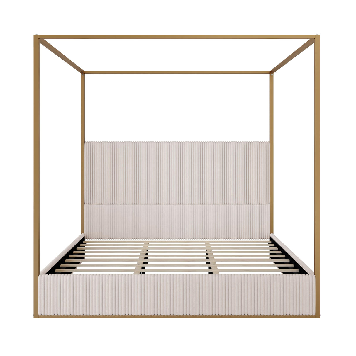 Merax Modern Luxury King Metal Canopy Bed with Tall Upholstered Headboard, Gold Four Poster Bed, No Box Spring Needed, Beige Merax