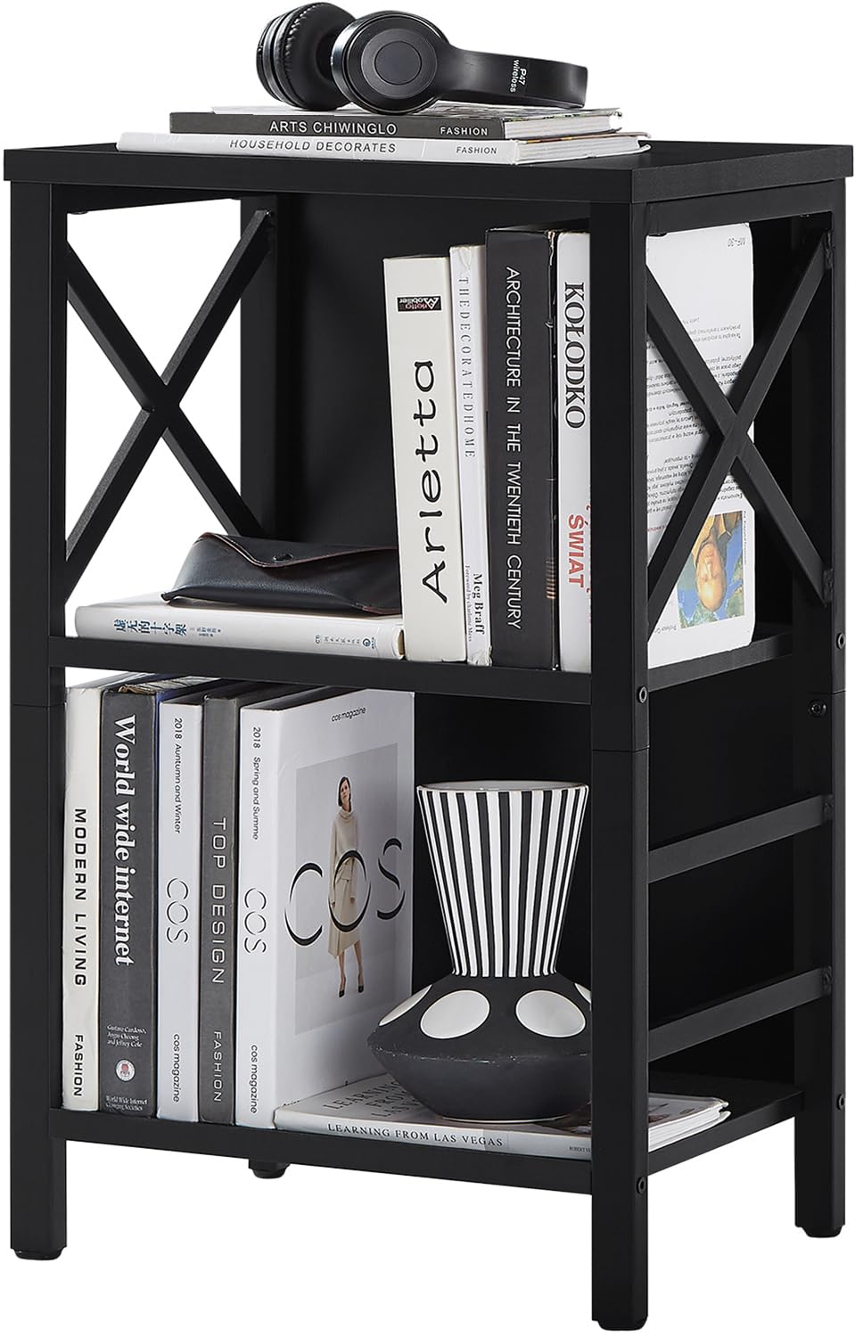 MNEETRUNG Small Bookcase,3 Tier Industrial Short Bookshelf with Metal Frame and Backboard,Low Black Bookshelf, Small Office Book Shelf for Small Spaces, Living Room, Bedroom and Home Office MNEETRUNG