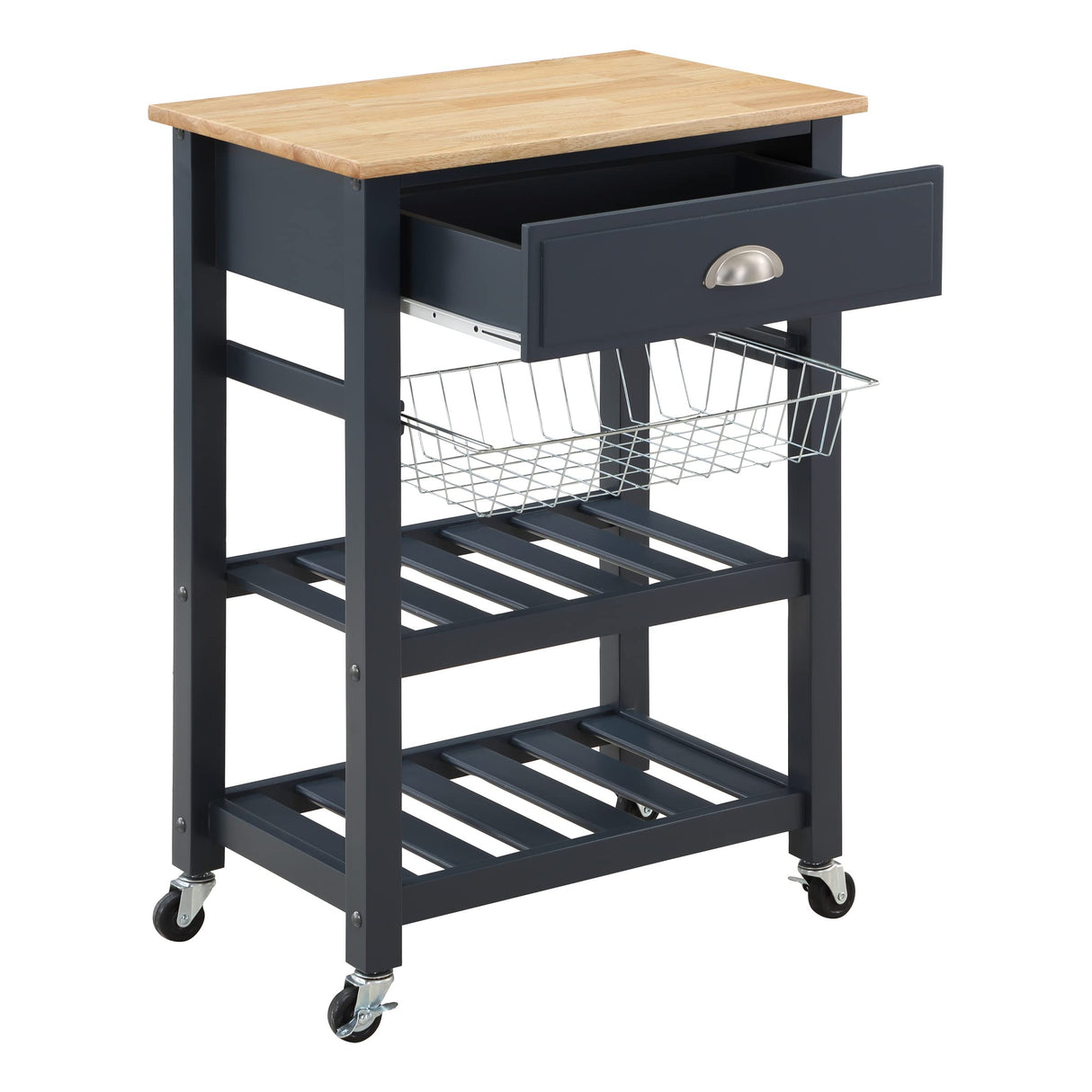 OSP Home Furnishings Hampton Kitchen Cart with Wood Top, Utensil Drawer, Under Cabinet Basket, and 2 Slatted Shelves, Blue Stone Base Office Star Products
