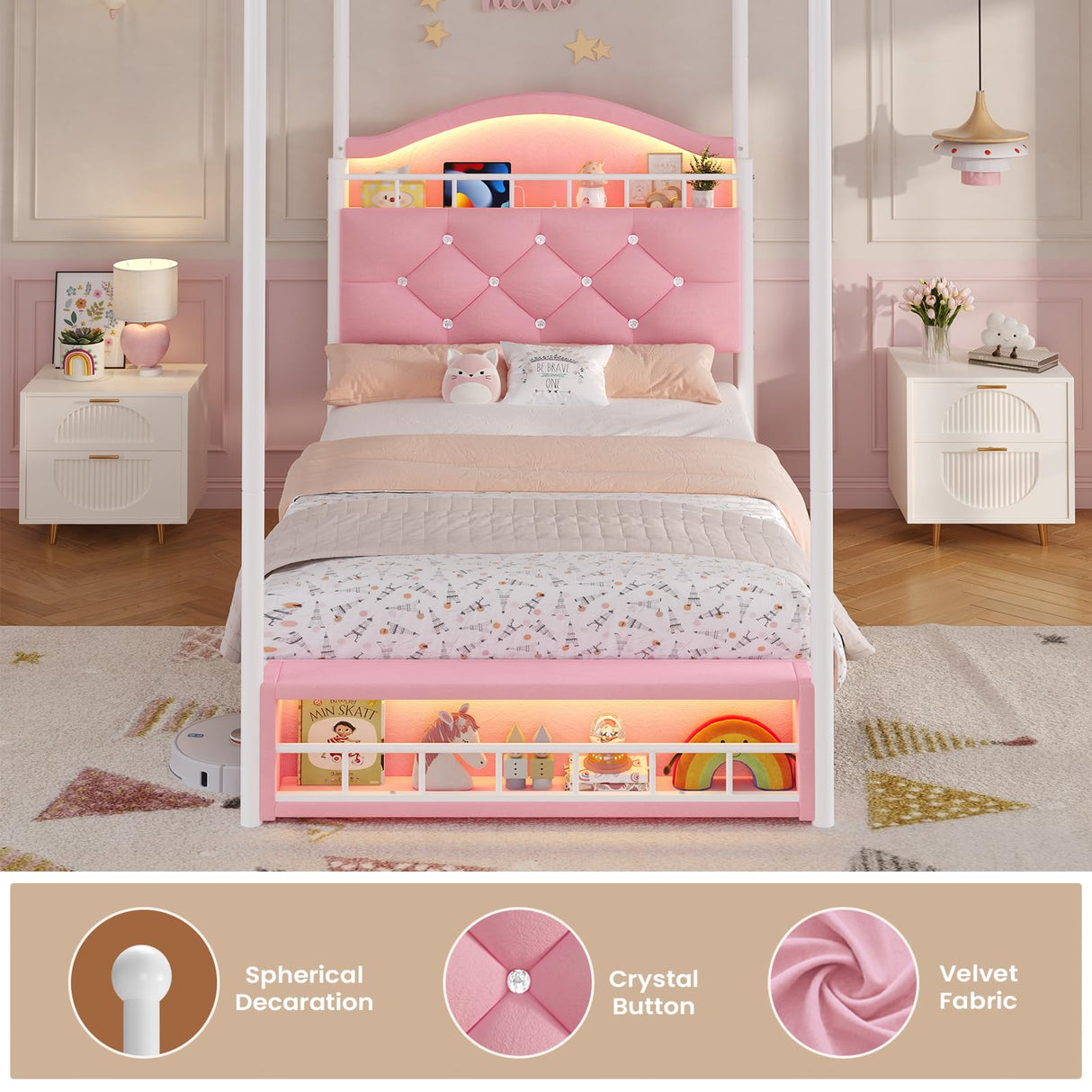 ADORNEVE Twin Canopy Bed Frame with LED Lights and Charging Station, Velvet Upholstered Platform Bed for Girls,Headboard with Charging Station & Guardrail & Crystal Button,Pink ADORNEVE