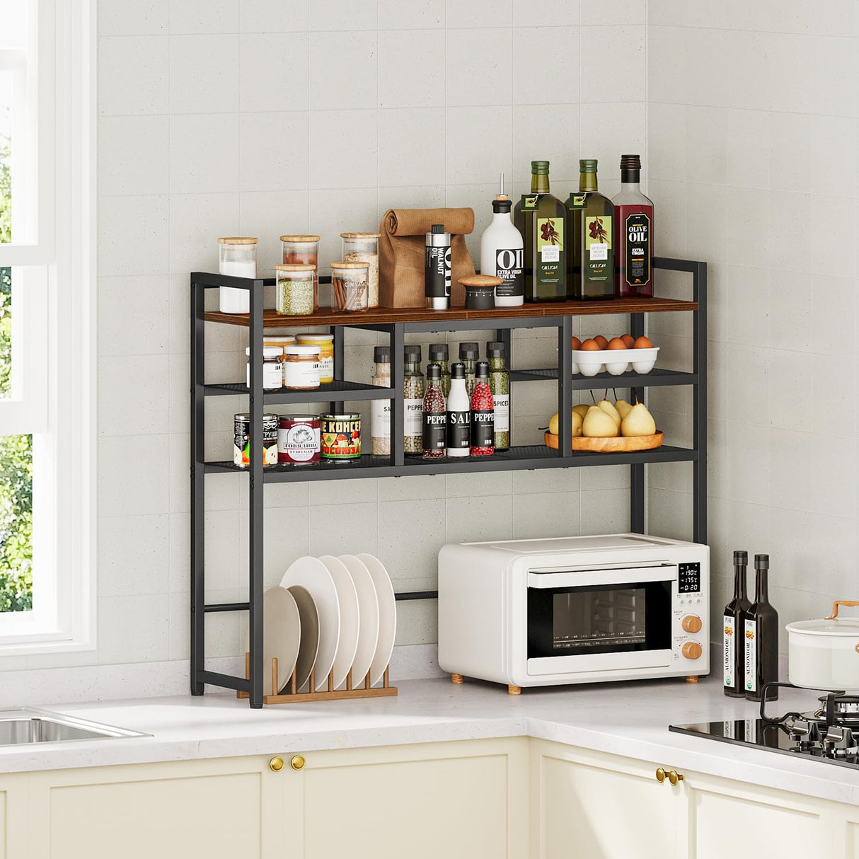 Snughome Desk Shelf, 38.6" Desktop Bookshelf, Desk Hutch Dorm, Countertop Storage Hutch with 5 Shelves for Computer Desk, Multipurpose Wood Desktop Display Organizer Rack for Home Office Dorm Snughome