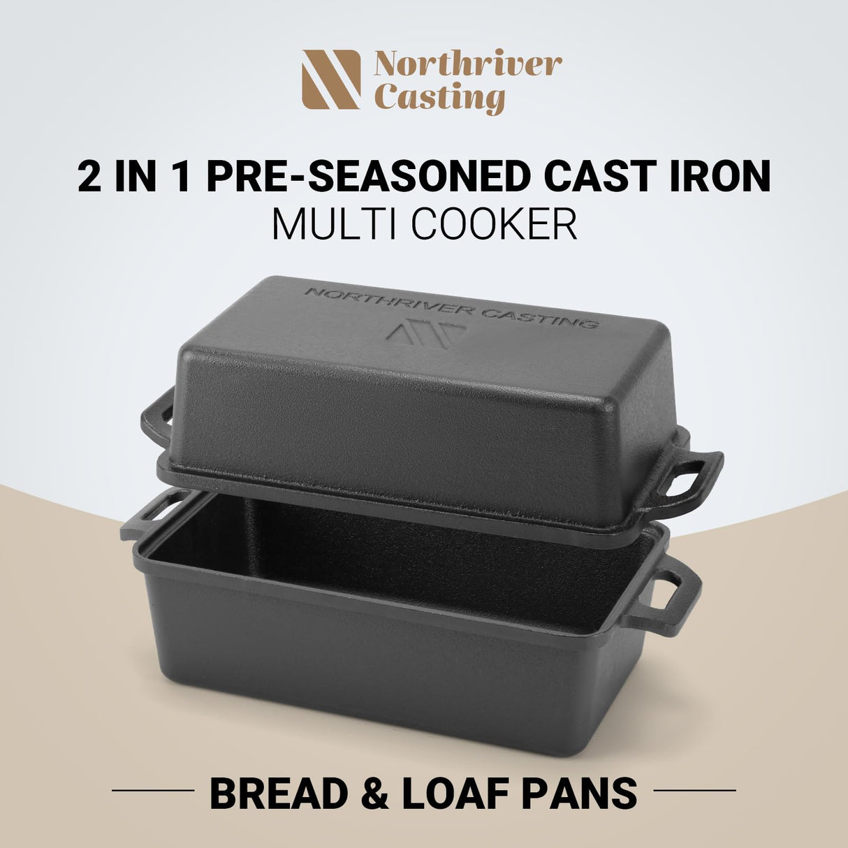 Northriver Casting 2 in 1 Cast Iron Bread Pan with Lid, Loaf Pans 2 Piece Set for Baking Homemade Meatloaf, 9×5 Inch Northriver Casting
