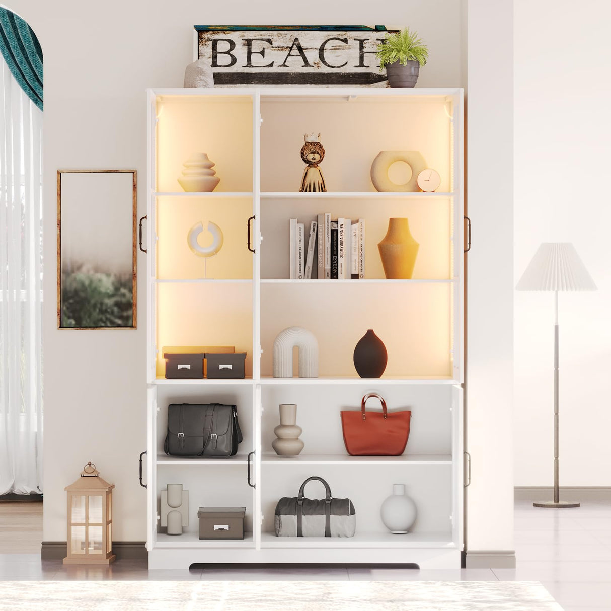 AMERLIFE 71" Tall Storage Cabinet with LED Lights, 5 Tier Large Modern Wood Kitchen Pantry with Acrylic Glass Doors & Shelves, Display Cabinet for Living room, Dining room, Bathroom, 6 Doors White AMERLIFE