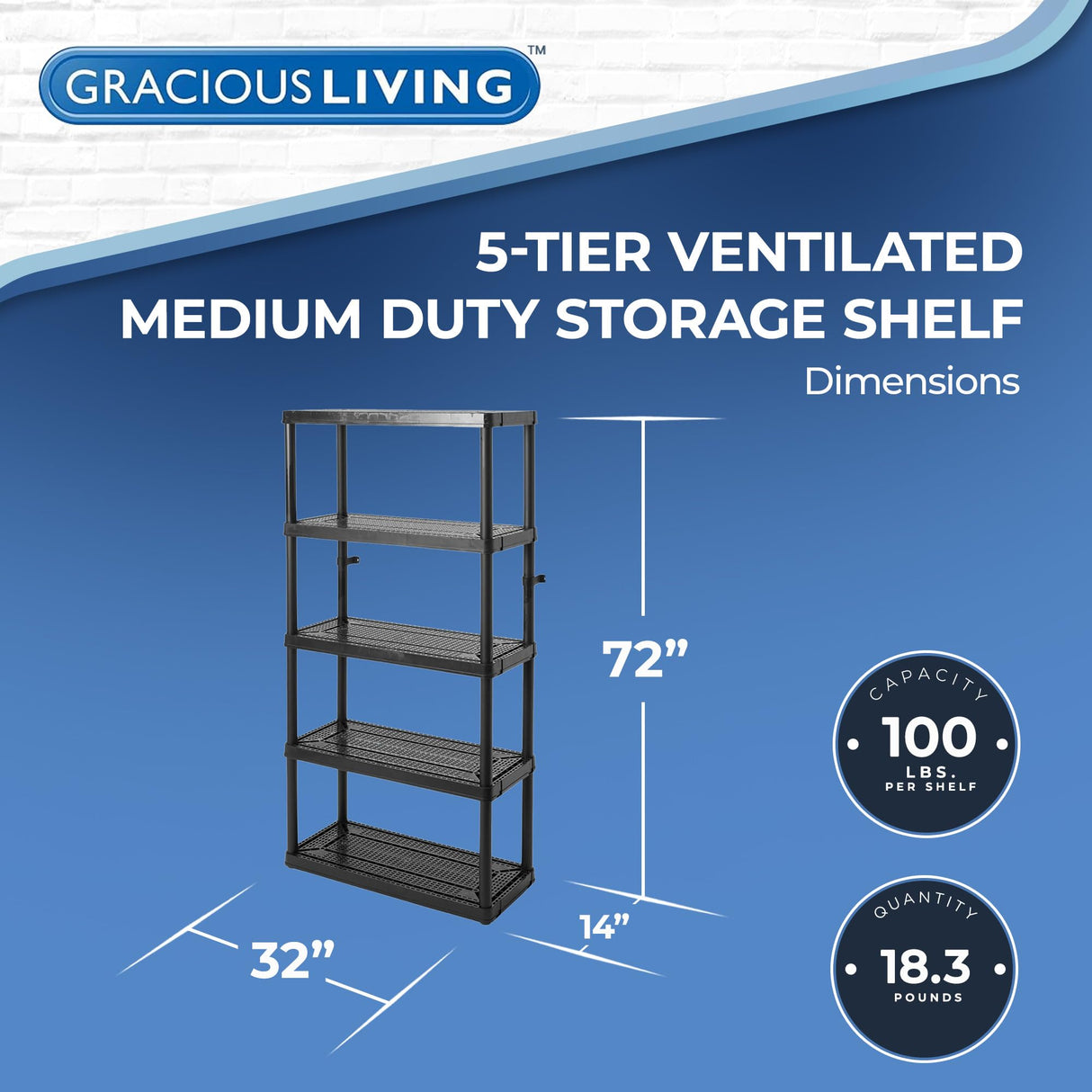 Gracious Living 5 Shelf Fixed Height Ventilated Medium Duty Storage Unit 14 x 32 x 72" Organizer System for Home, Garage, Basement, & Laundry, Black Gracious Living