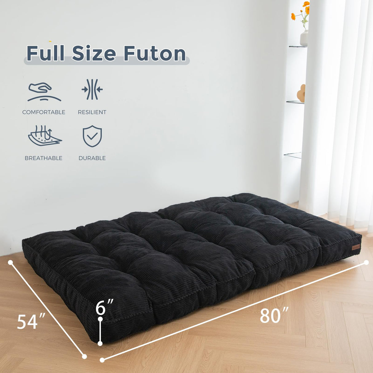 MAXYOYO 6" Futon Mattress Full Size, Tufted Futons Sofa Couch Bed with Twisted Rope Design Edging, Thick Corded Fabric Floor Mattress for Adults, Shredded Foam Filling (Frame Not Included), Black MAXYOYO