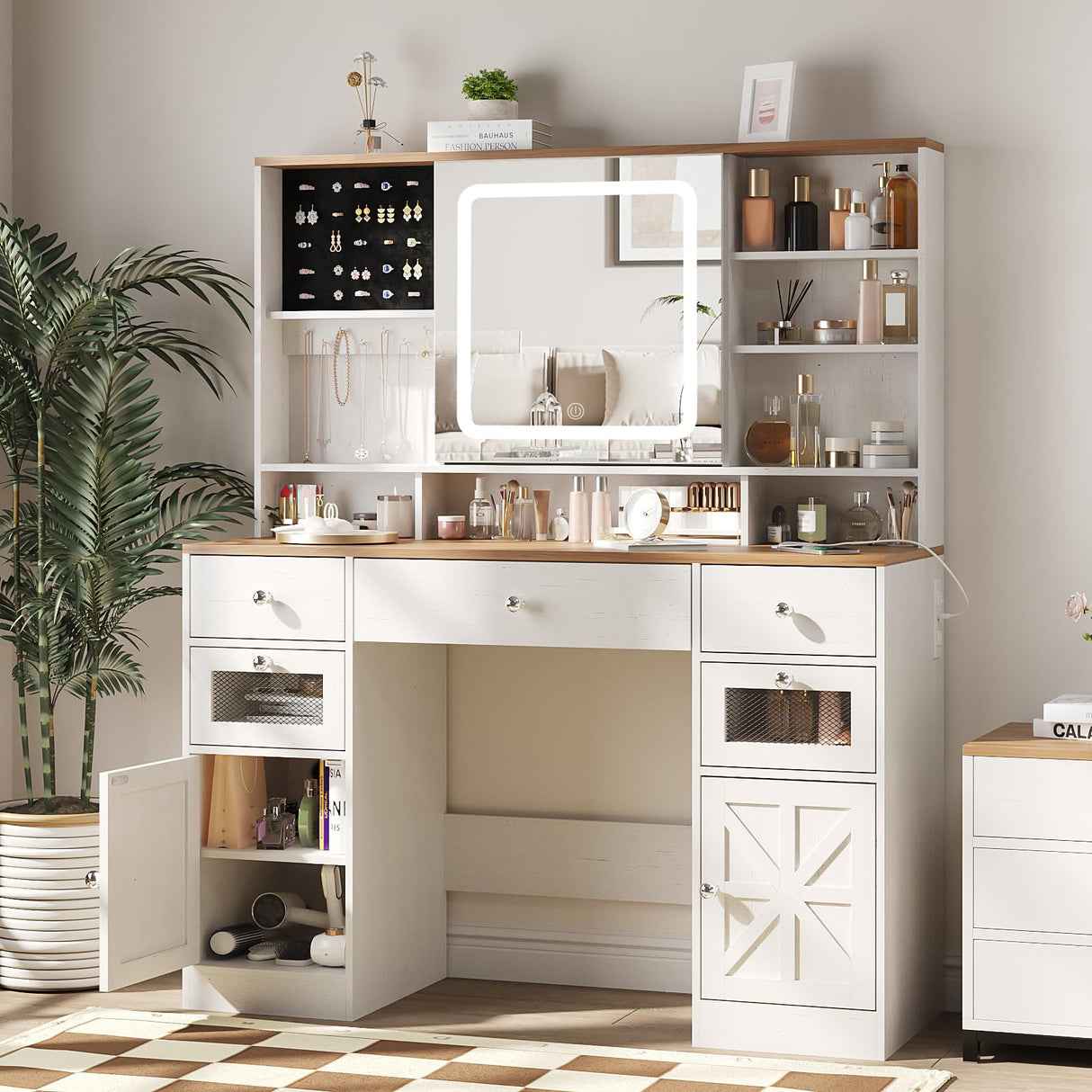 Vabches Farmhouse Makeup Vanity Desk with Mirror and Lights,White Vanity Table with Charging Station & Jewelry Storage,5 Drawers & 2 Cabinets,Dressing Table with Hidden Storage & Open Shelves Vabches