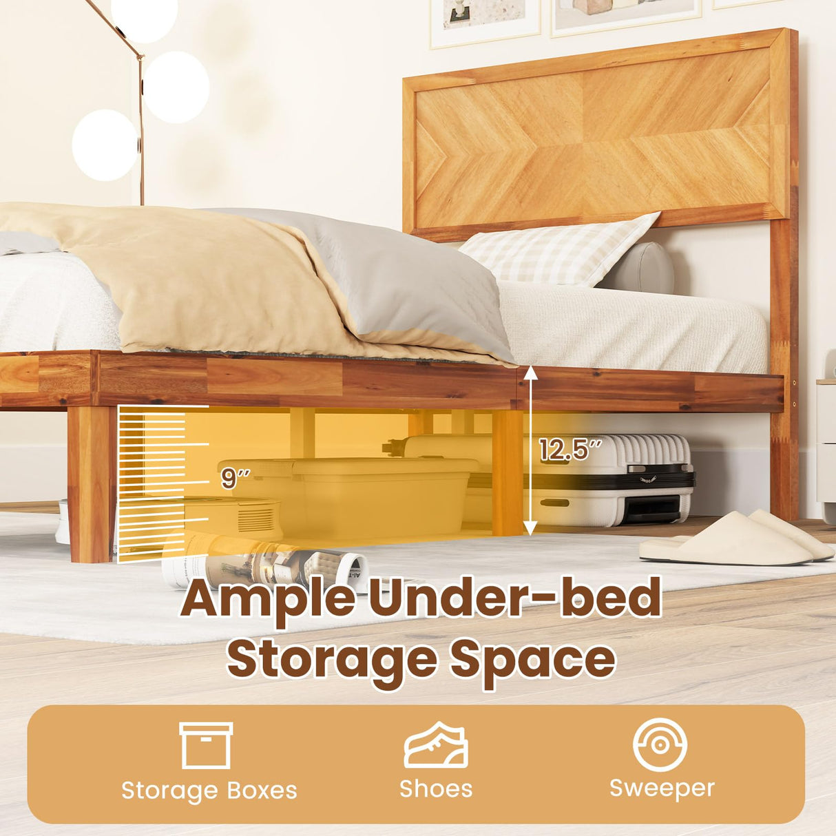 Giantex Wood Twin Bed Frames with Headboard, Solid Acacia Wood Platform Bed with 12 Strong Wooden Slat Support, Scandinavian Style Art Deco Twin Size Bed Frame, No Box Spring Needed, Rustic Brown Giantex