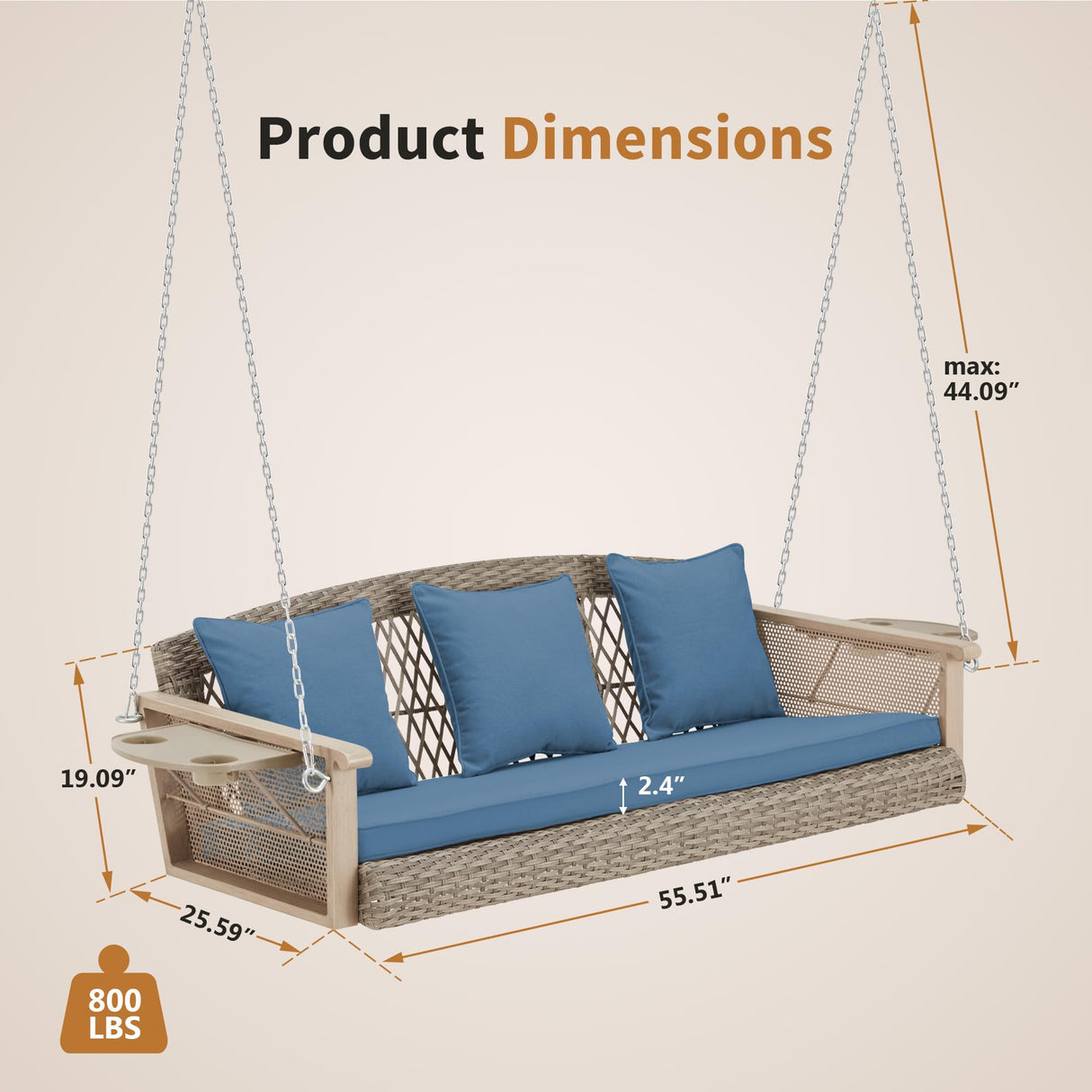 HOMREST 3-Person Porch Swing 55in Wicker Hanging Swing Bench with Cushions Cupholders Swing Chair with Chains 800lbs Capacity for Deck Garden Backyard HOMREST