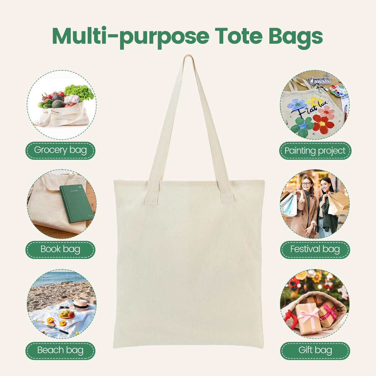 Carbrea 12 Pack Canvas Tote Bag - Lightweight Thin Tote Bags Bulk Blank Shopping Reusable Grocery Bags for DIY Gift Sublimation Activity - Beige Carbrea