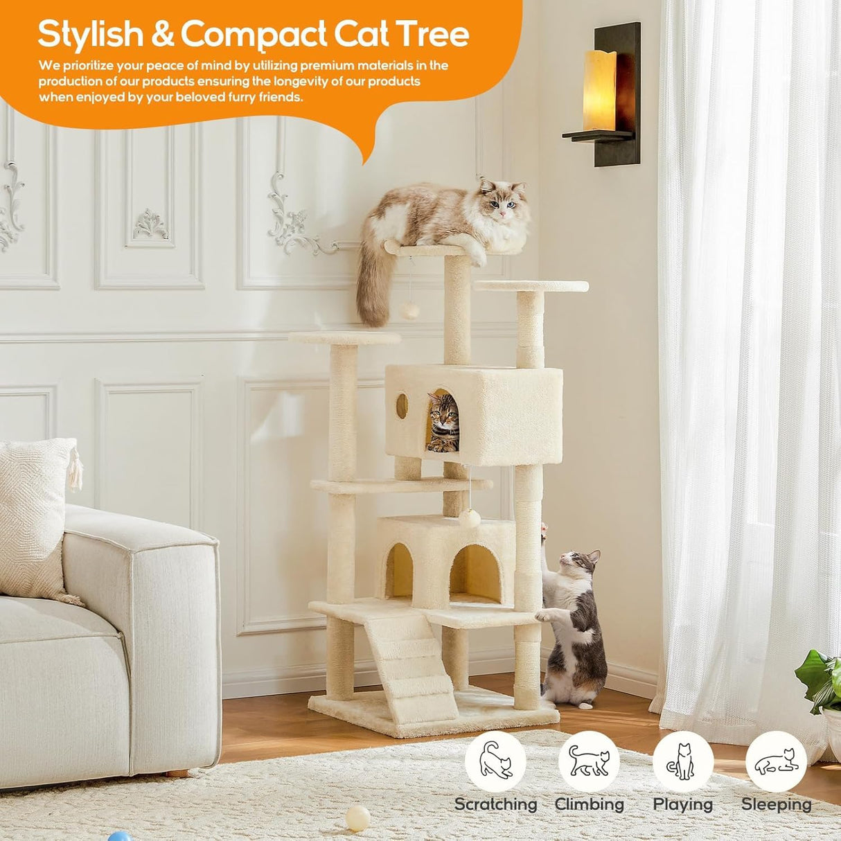 54 Inches Cat Tree Tower Condo Furniture, Cat Tower for Indoor Cats, Cozy Hammock and Sisal Scratching Posts, Multi-Level Durable Cat Scratch Post for Kittens Pet House Play, Detachable Toy, Beige Simple Deluxe