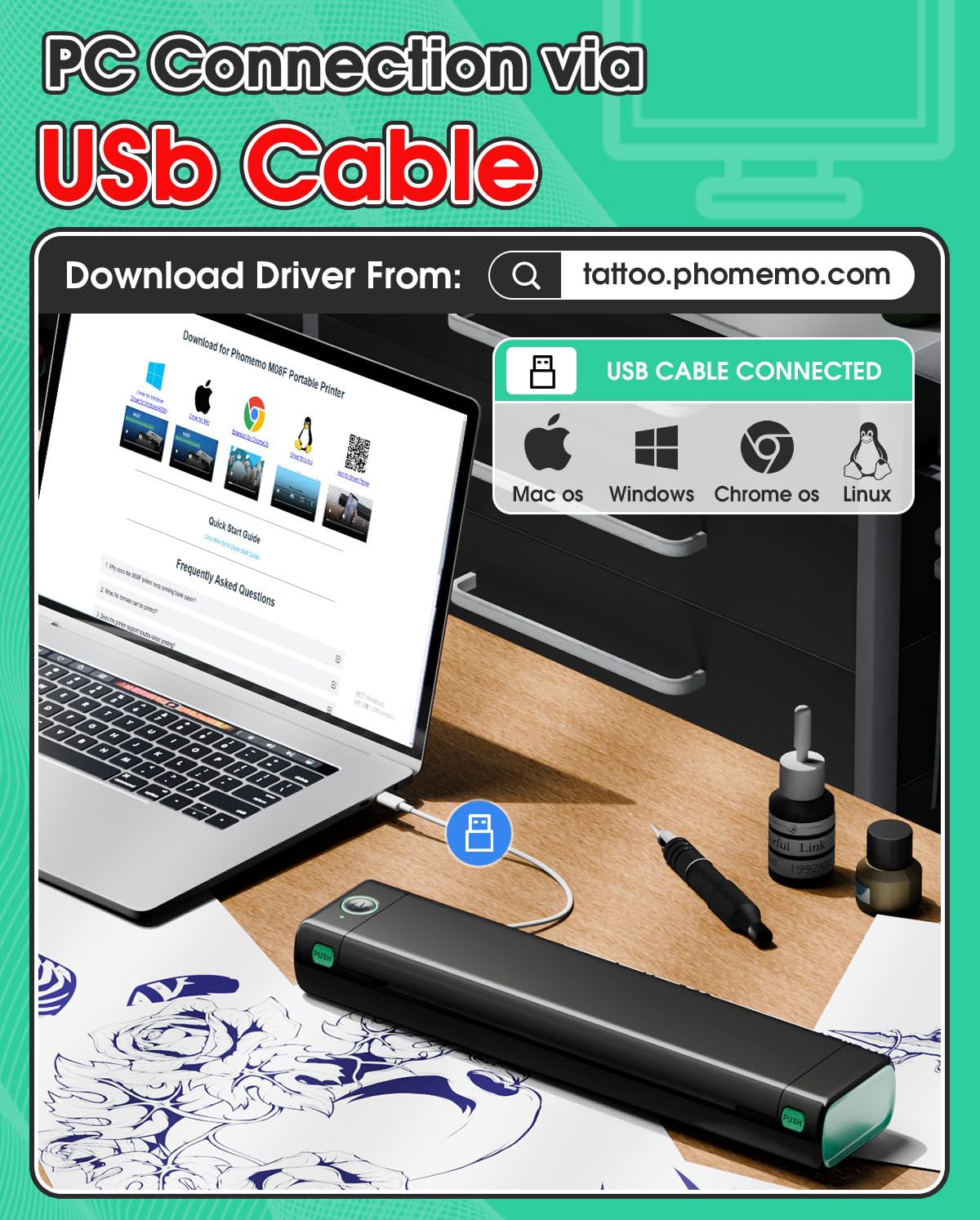 Phomemo M08F Wireless Tattoo Transfer Stencil Printer, Thermal Tattoo Machine with 10pcs Free Transfer Paper, Tattoo Printer Kit for Tattoo Artists & Beginners, Compatible with Smartphone & Pc Phomemo