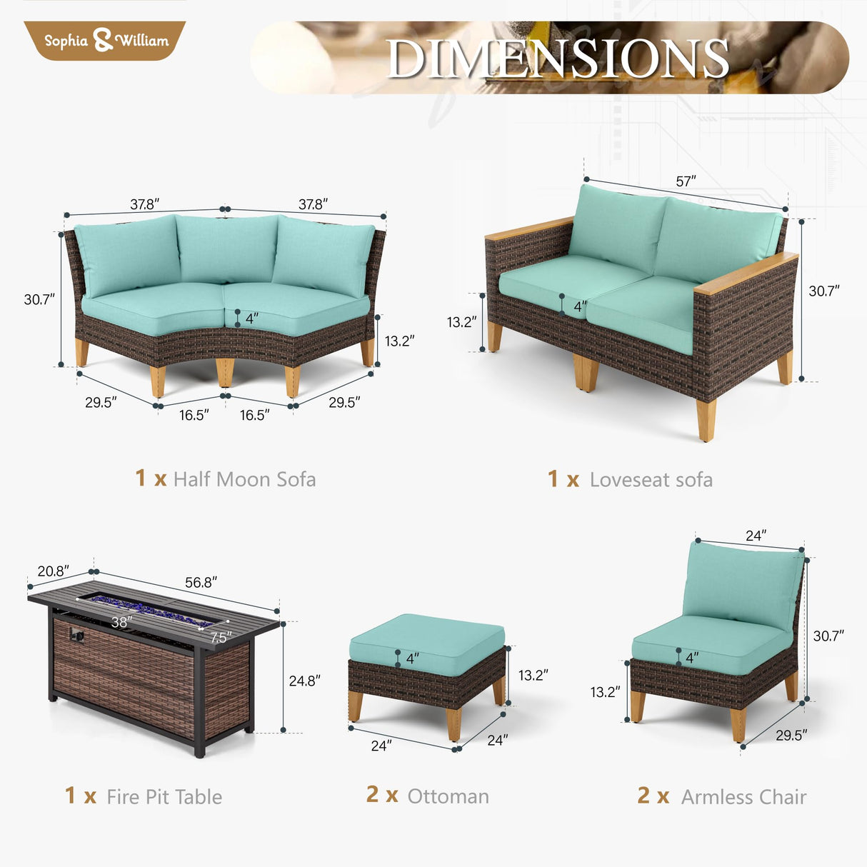 Sophia & William Patio Furniture Set with Fire Pit Table, 9 Piece Half Moon Outdoor Wicker Sectional Sofa Set, Rattan Conversation Set with 56-Inch Fire Pit Table & Ottoman (Aqua Blue) Sophia & William