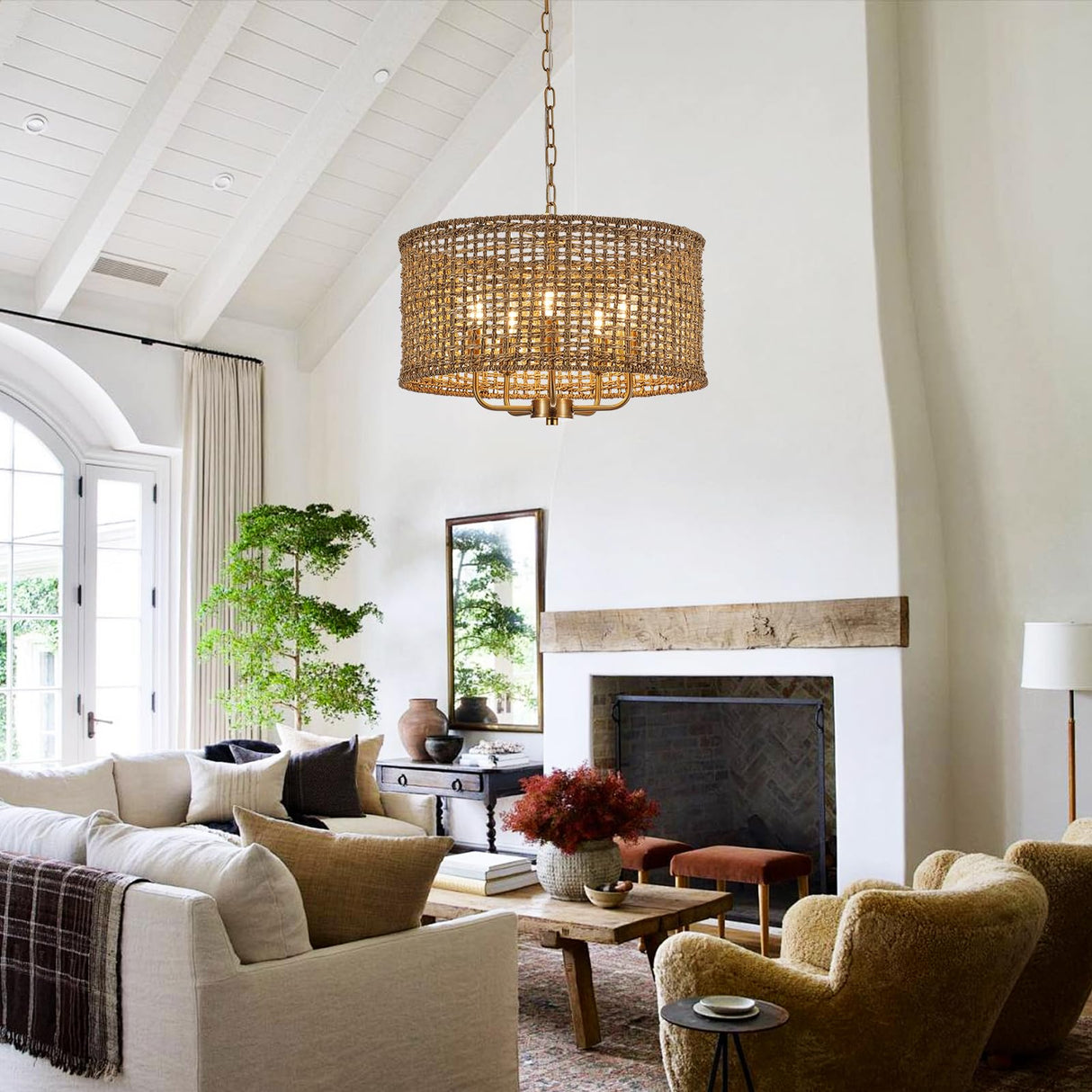 YOMECOO Hand-Woven Rattan Chandelier Vintage Farmhouse Boho Bamboo Light Fixture Mini Retro 5-Lights Drum Wicker Rattan Chandelier for Dining Room, Kitchen, Living Room YOMECOO