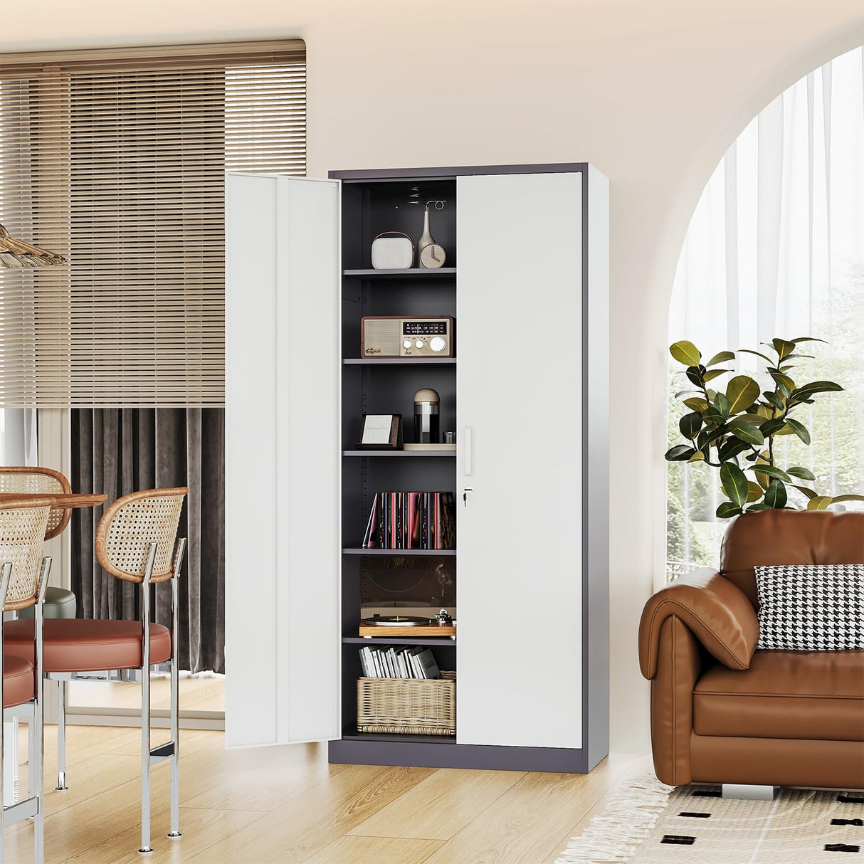 Fesbos Metal Storage Cabinet-72” Tall Steel File Cabinets with Lockable Doors and 5 Adjustable Shelves-Gray&White Steel Storage Cabinet for Home, School, Office, Garage Fesbos