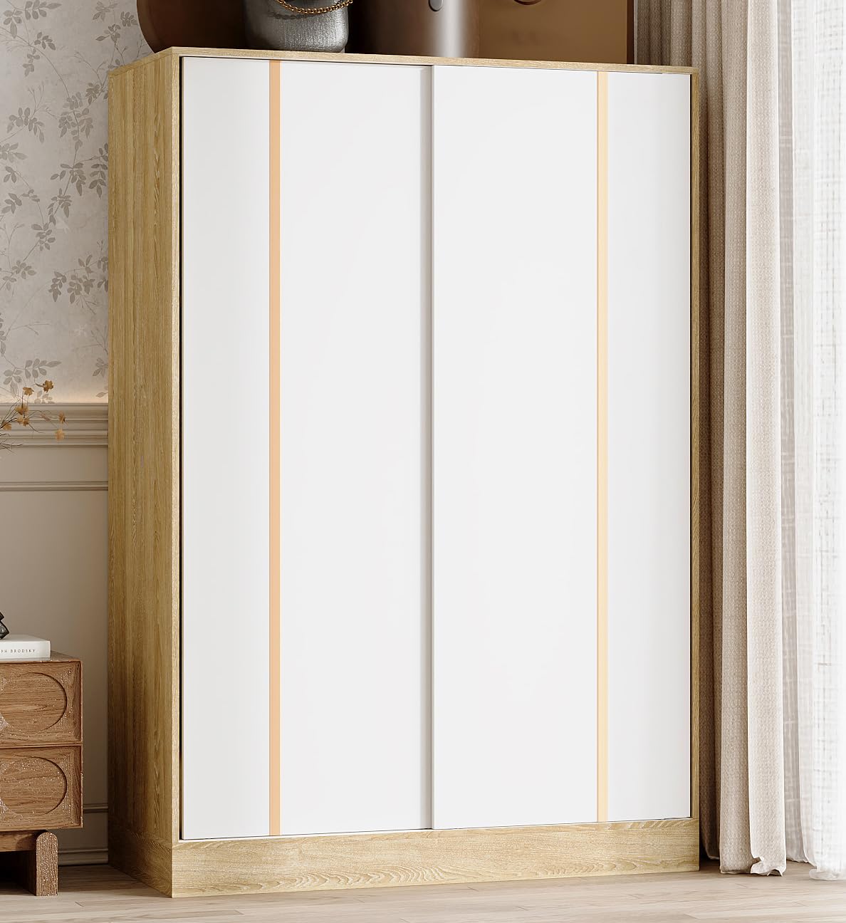 Timechee Almirah for Clothes, Storage Wardrobe Closet Cabinet, Clothes Closet with Metal Hanging Rod, 4 Shelves and Sliding Doors for Bedroom, Natural + White (21.4" D x 47.2" W x 69.7" H) Timechee