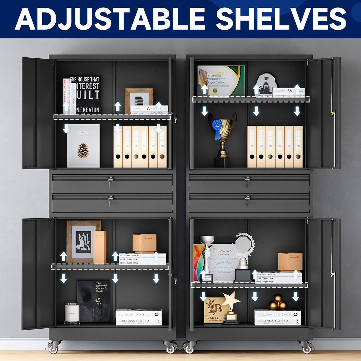 Yizosh Metal Garage Storage Cabinet with Locking Doors and Adjustable Shelves, Rolling Tool Storage Cabinet with 4 Wheels and 2 Drawer - 74" Steel Locking Cabinet for Garage, Warehouse Yizosh