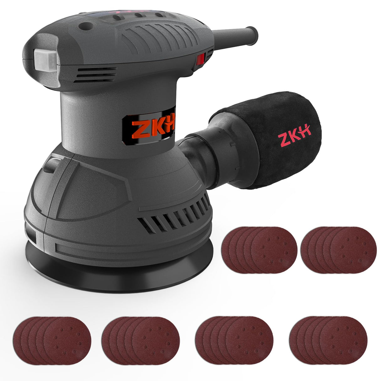 ZKH Random Orbital Sander, 6 Speeds 2.5A sander tool, 7000-14000 RPM, 5-inch Electric Sander Kit with 30pcs Sandpapers, Dust Collector, Ideal Power Palm Sander for Woodworking ZKH