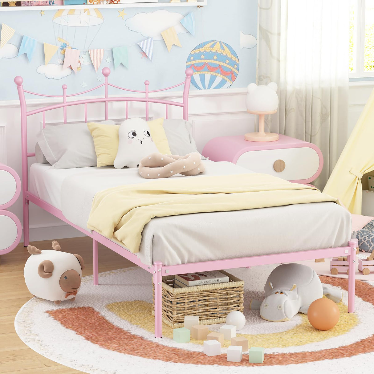 Merronix Twin Bed Frames with Headboard, Princess Bed for Girls Heavy Duty Metal Bed Platform Under Bed Storage Space No Box Spring Needed,Light Pink Merronix