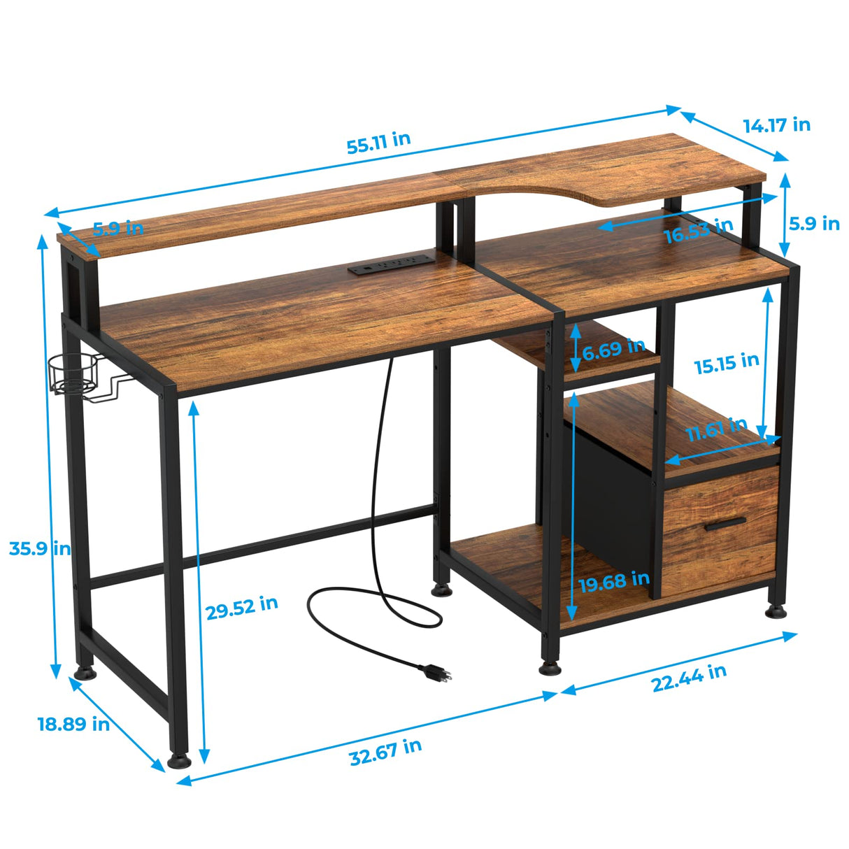 GreenForest Computer Desk with Drawers, Home Office Desk with Printer Shelf, 55 inches Desk with Storage, Writing Study Desk with Monitor Stand, Small Work Desk for Bedroom, Walnut GreenForest