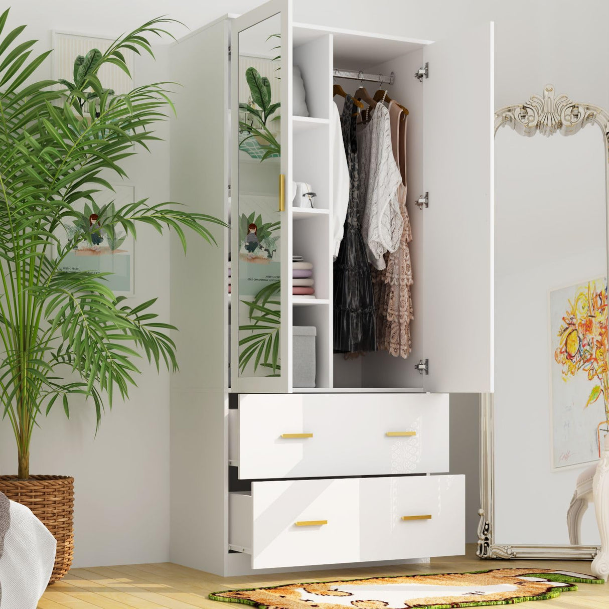 FAMAPY Armoire Wardrobe with Mirror & 2 Drawers, 2-Door Wardrobe with Shelves & Hanging Rod, Gold Metal Handles, for Cloakroom Bedroom White (31.5”W x 18.9”D x 72”H) FAMAPY
