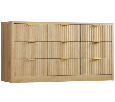 TEENFON Fluted Dresser for Bedroom with 9 Drawers, 63" Wide Modern Chest of Drawers with Metal Handle & Curved Profile Design, Wood Closet Clothes Storage Organizer for Living Room, Hallway, Natural