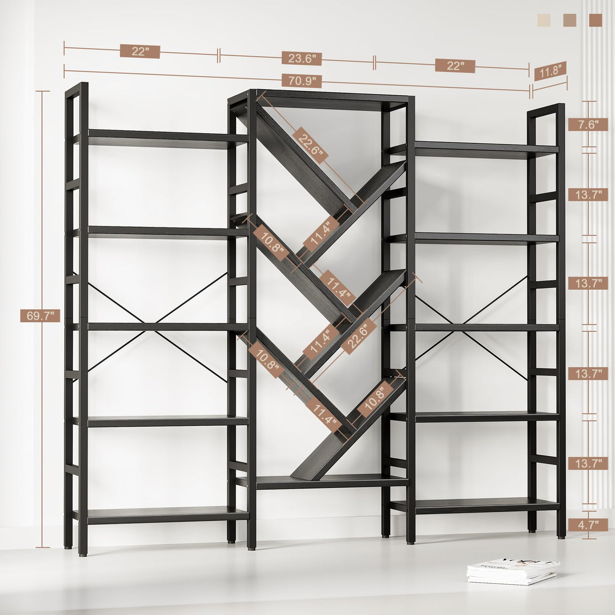 INNOD 70x70” Triple 5 Tier Book Shelf, Large Wooden Bookcase with 17 Open Display Shelf, Modern Tree Bookshelf Metal Frame Tall Book Case Furniture for Living Room Bedroom Home Office Black INNOD